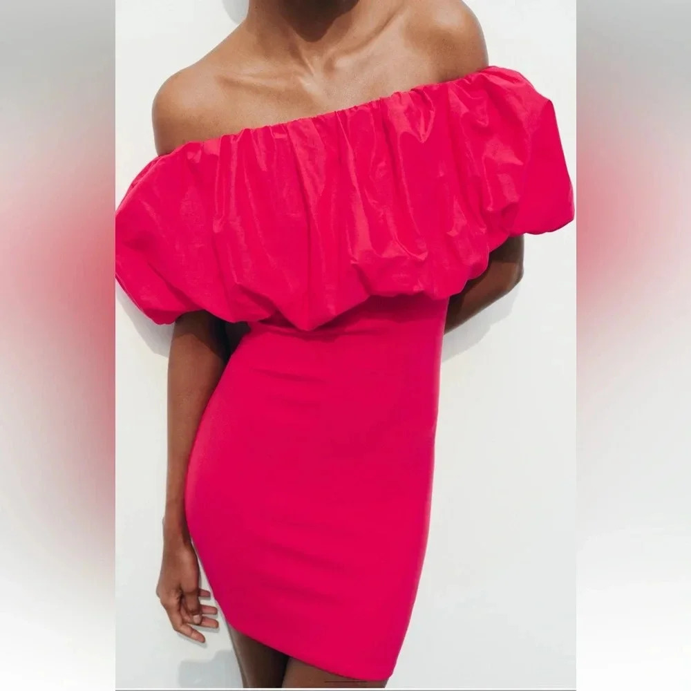 ZARA RASPBERRY OFF SHOULDER PINK MINI DRESS